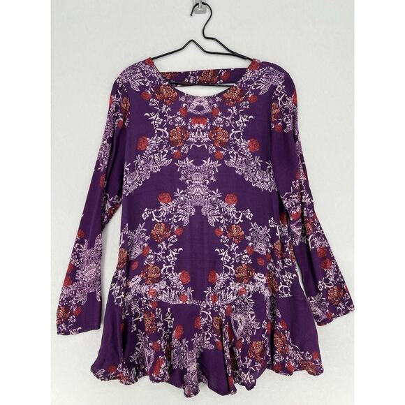 Free People Tops - Free People Purple Floral Boho Tunic Top Open Back Bell Sleeve Womens Large